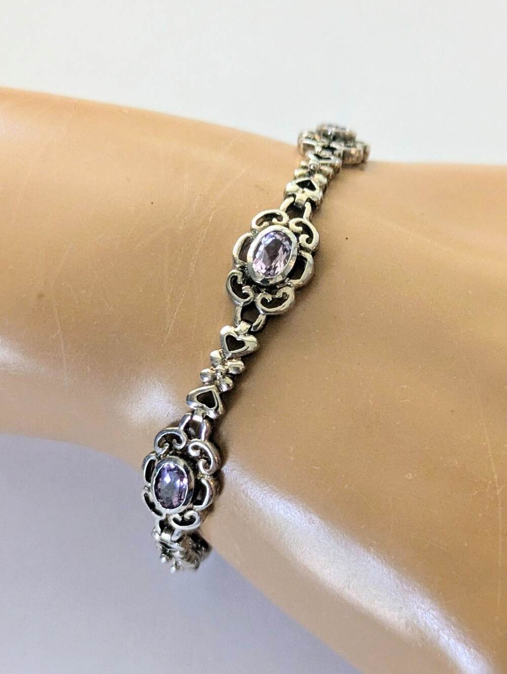 Vintage Elegant Sterling Silver & Amethyst Gemstone Bracelet Signed JC 7.75"